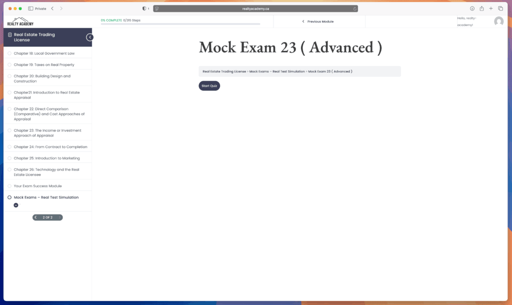 Screenshot of Realty Academy's Mock Exam 23 (Advanced) interface, displaying exam questions in a format that mirrors the actual UBC licensing exam, with timer functionality and progress tracking visible